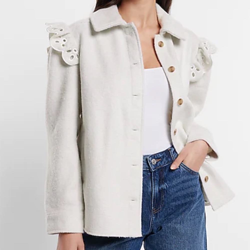 Women’s Medium EXPRESS Boucle Eyelet Ruffle Shacket Shirt Jacket
